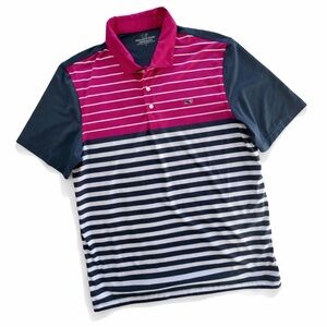 Vineyard Vines Polo Shirt blue pink stripes performance color block size L